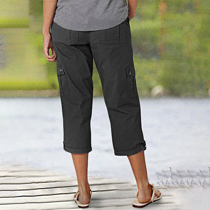 Multi-Pocket Solid Color Casual Cargo Capri Pants